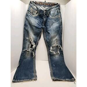 Rock Revival Jasper Jeans Men's Blue Slim Straight Denim Leather | Size 32 x 34